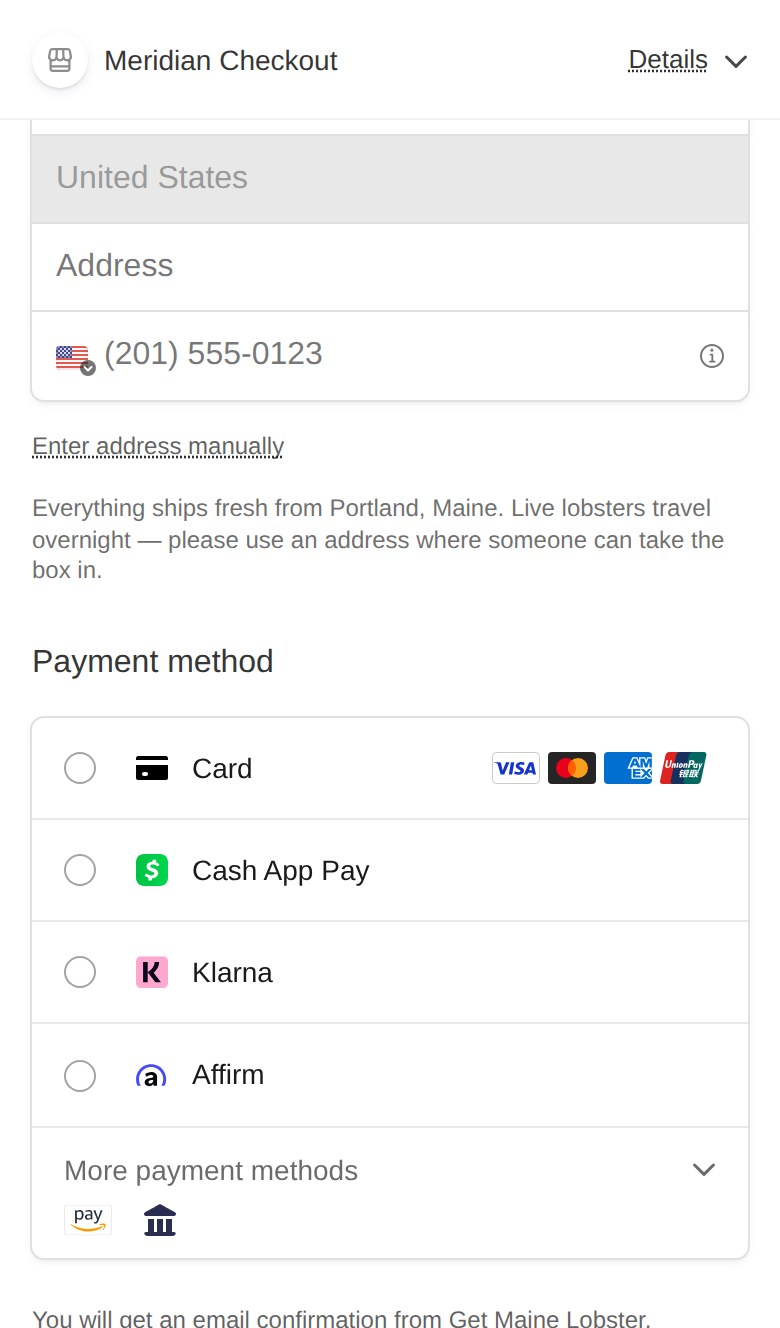 Stripe checkout payment method list: card, Cash App Pay, Klarna, Affirm, Amazon Pay, bank