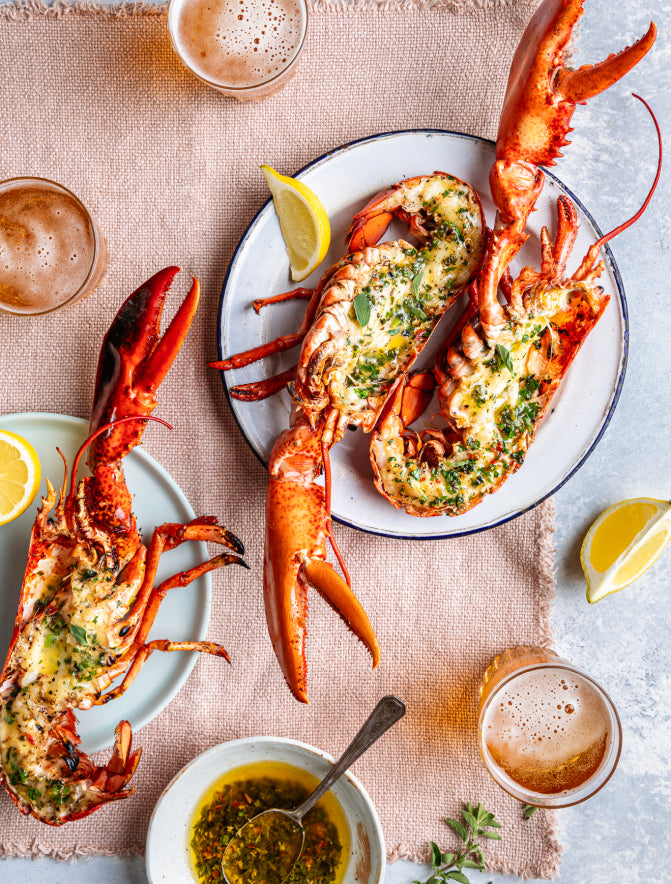 Whole Maine lobsters, split and plated