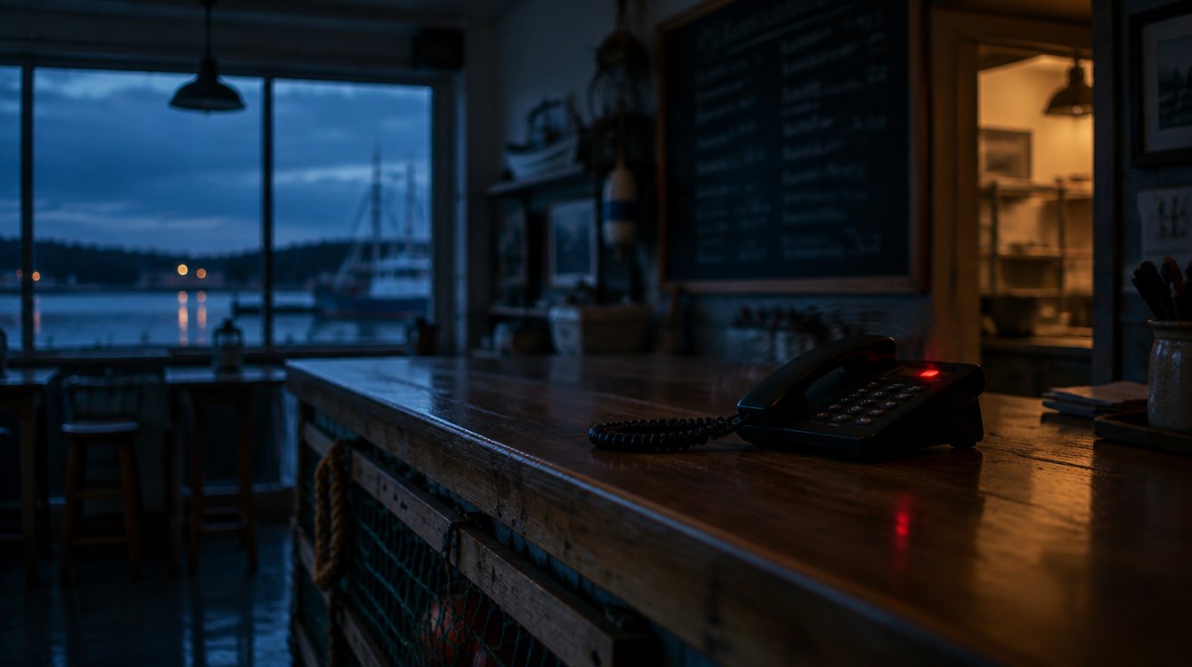A seafood shop counter after closing, the phone ringing with no one to answer